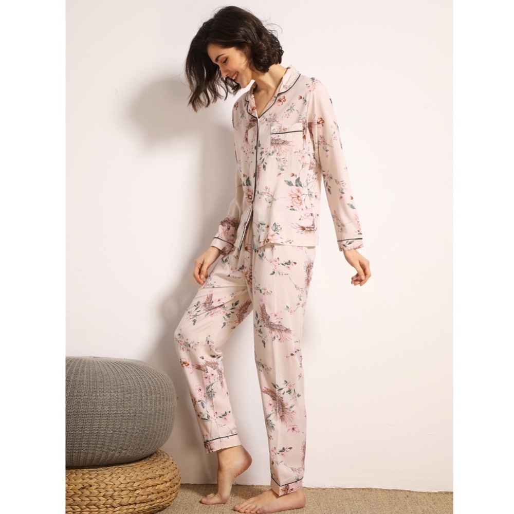 Pastel Pink Floral Print 2 Piece Pajama Set - Picture 2 of 8